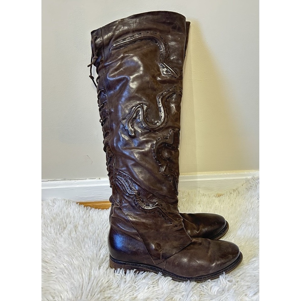 A.S. 98 Women's Brown Boho Knee High Boots Laced Stitched Design 40 Leather